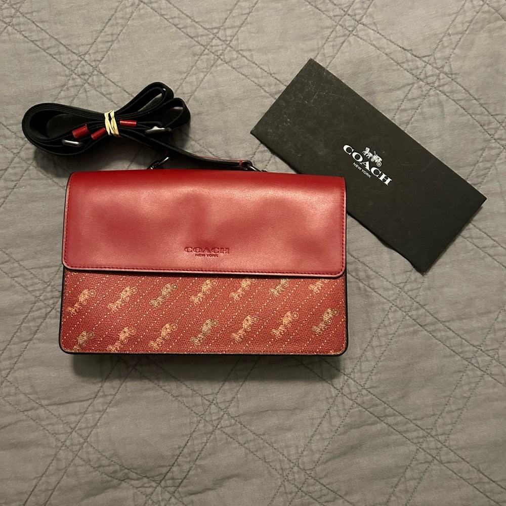 Coach Red Messenger Bag with Flap Design and Smooth Leather